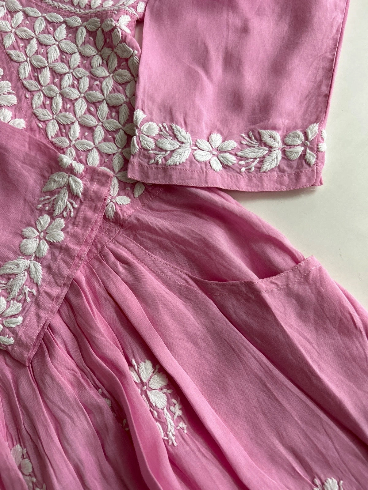 Lucknowi Chikankari Pink 'Shagufta' Modal Short Kurti-T000038