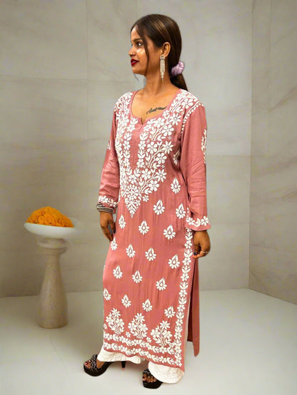 Lucknowi Chikankari Pinkish Mauve Modal Kurti-K000121