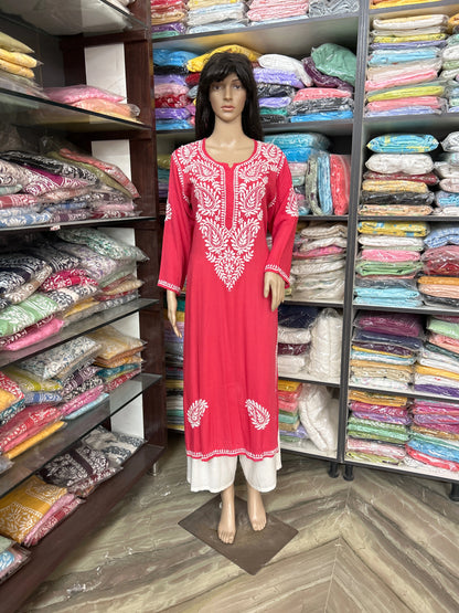Lucknowi Chikankari Coral Pink 'Shagufta' Rayon Kurti-K40085