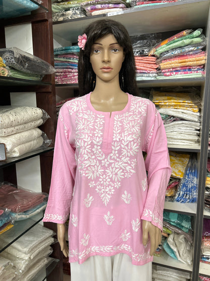 Lucknowi Chikankari Pink 'Shagufta' Rayon Short Kurti-T000074