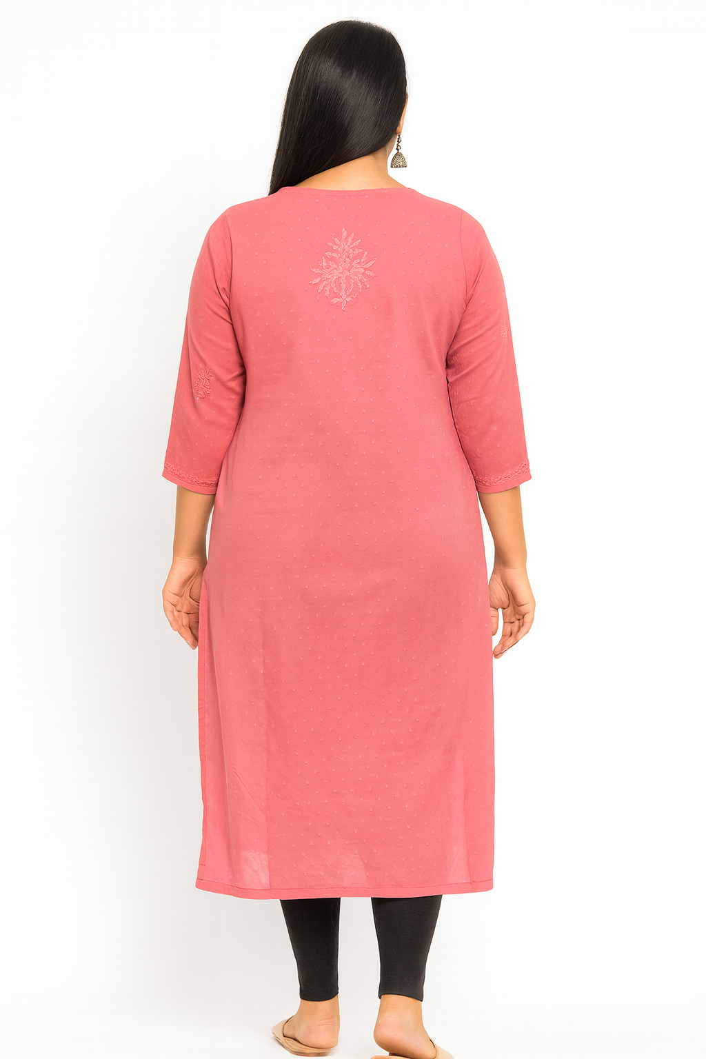 Lucknowi Chikankari Coral Pink 'Shagufta' Cotton Kurti-K50083