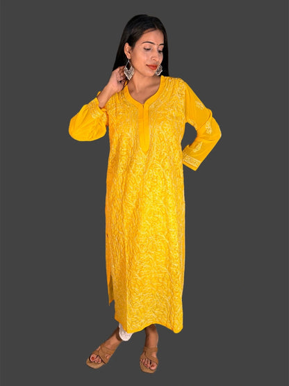 Lucknowi Chikankari Yellow Georgette Kurti-K000067