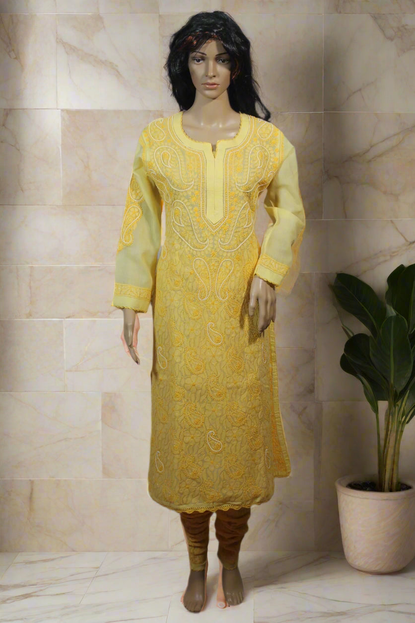 Lucknowi Chikankari Yellow Cotton 3 Piece Kurta-Chudidar Pyjama-Dupatta Set-PJ00007