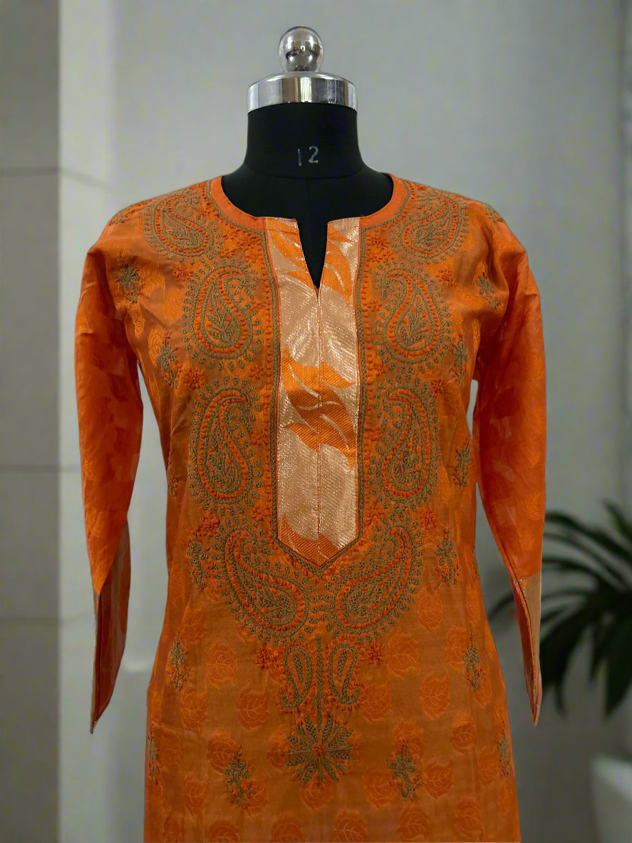 Lucknowi Chikankari Orange Chanderi Kurti-PE00009