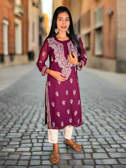 Lucknowi Chikankari Wine Georgette Kurti-K000066