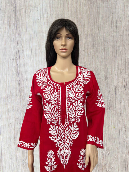 Lucknowi Chikankari Red Cotton Kurti-K000111