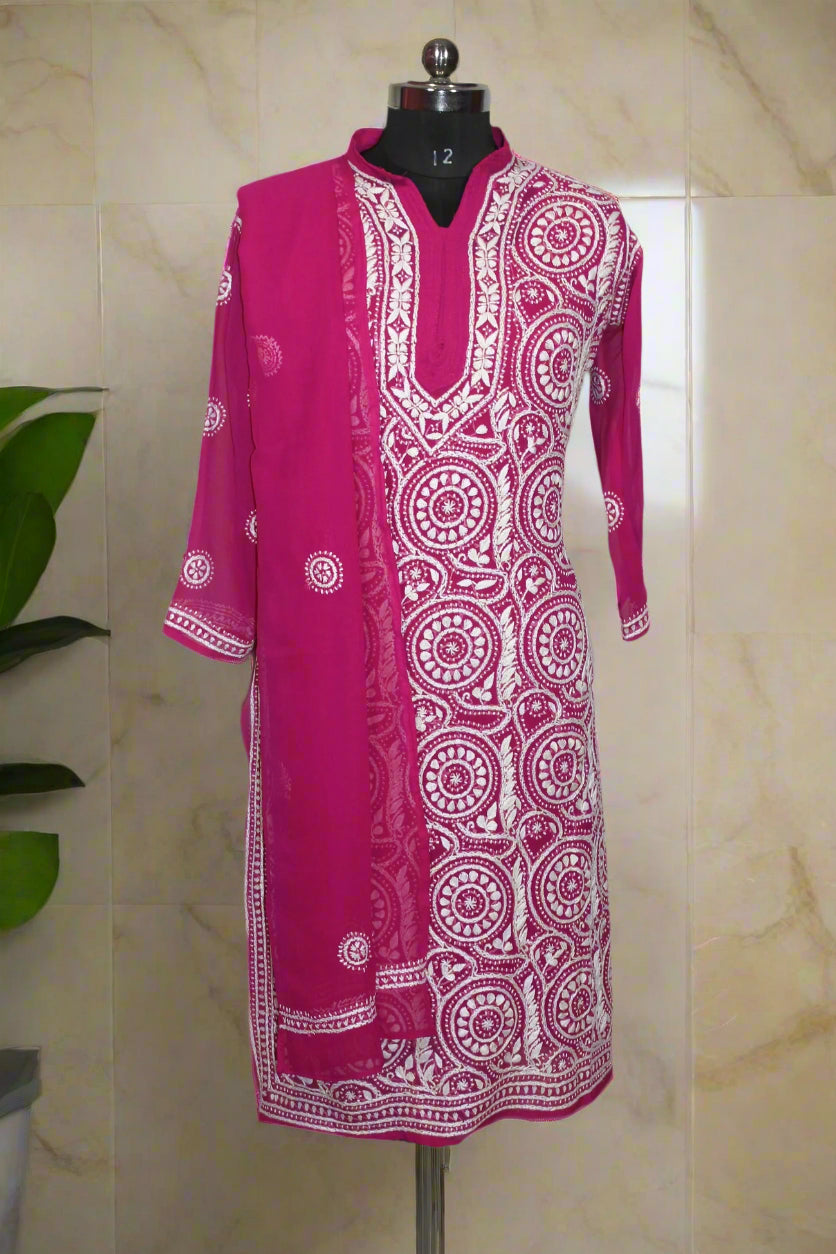 Lucknowi Chikankari Magenta Georgette Kurta-Dupatta-KD00002