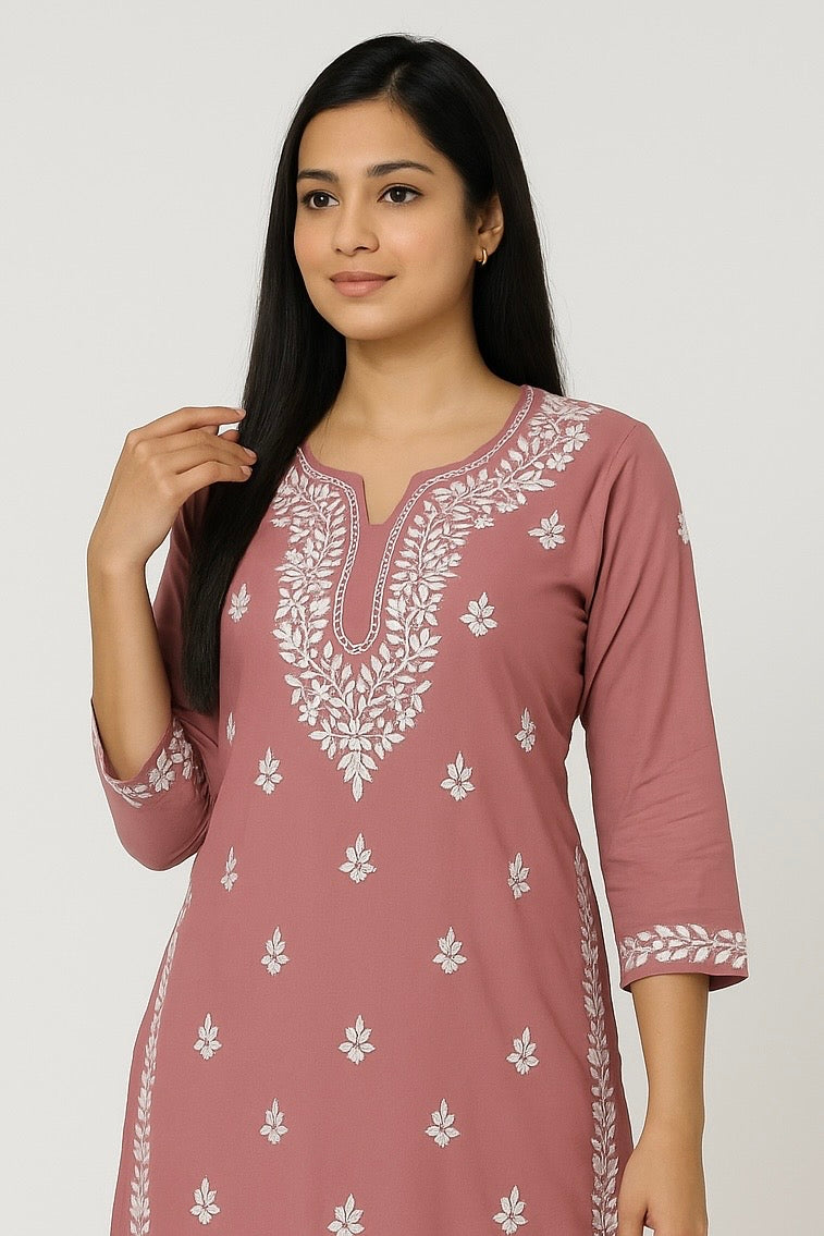 Lucknowi Chikankari Sandy Pink 'Shagufta' Modal Kurti-K000188
