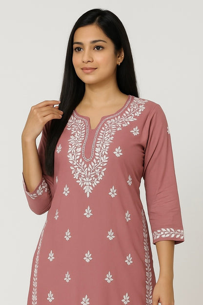 Lucknowi Chikankari Sandy Pink 'Shagufta' Modal Kurti-K000188