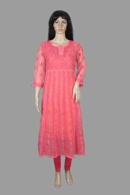 Lucknowi Chikankari Coral Pink 'Shagufta' Georgette Anarkali-K40037