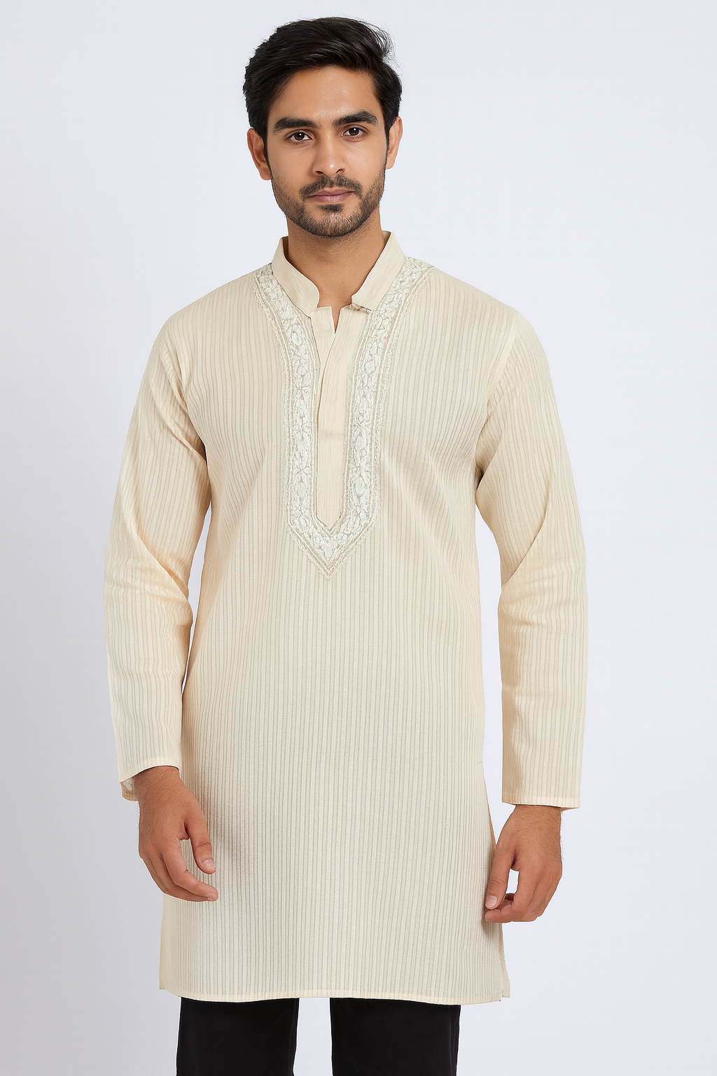 Lucknowi Chikankari Fawn 'Harnai Rang' Cotton Gents Kurta-GK00025