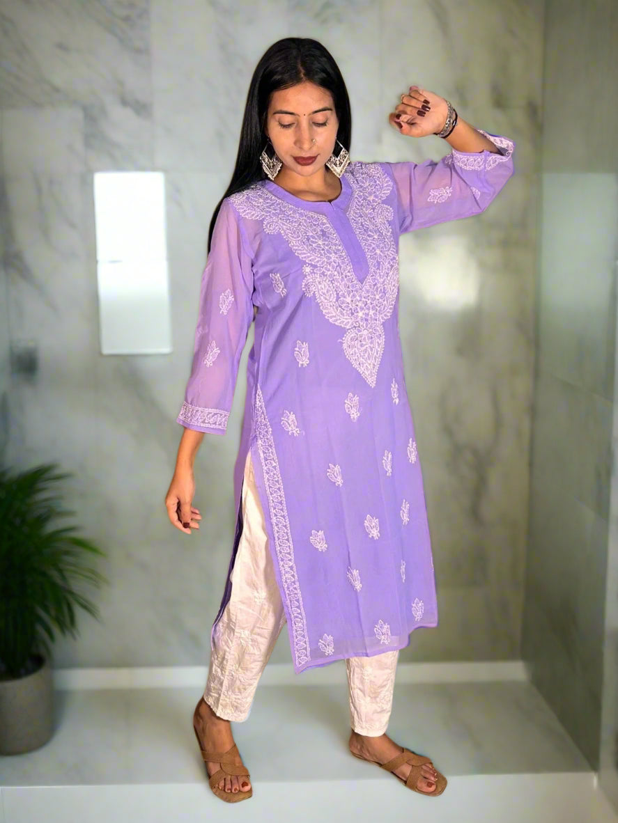 Lucknowi Chikankari Purple Georgette Kurti-K000064