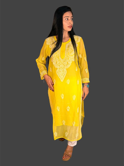 Lucknowi Chikankari Yellow Georgette Kurti-K000052