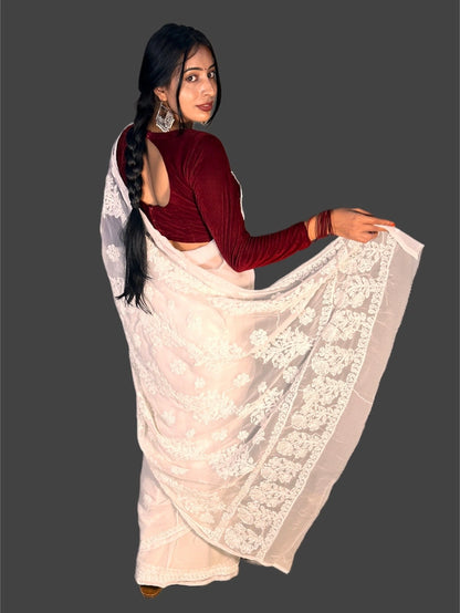 Lucknowi Chikankari White Georgette Saree (With Blouse)-S00013