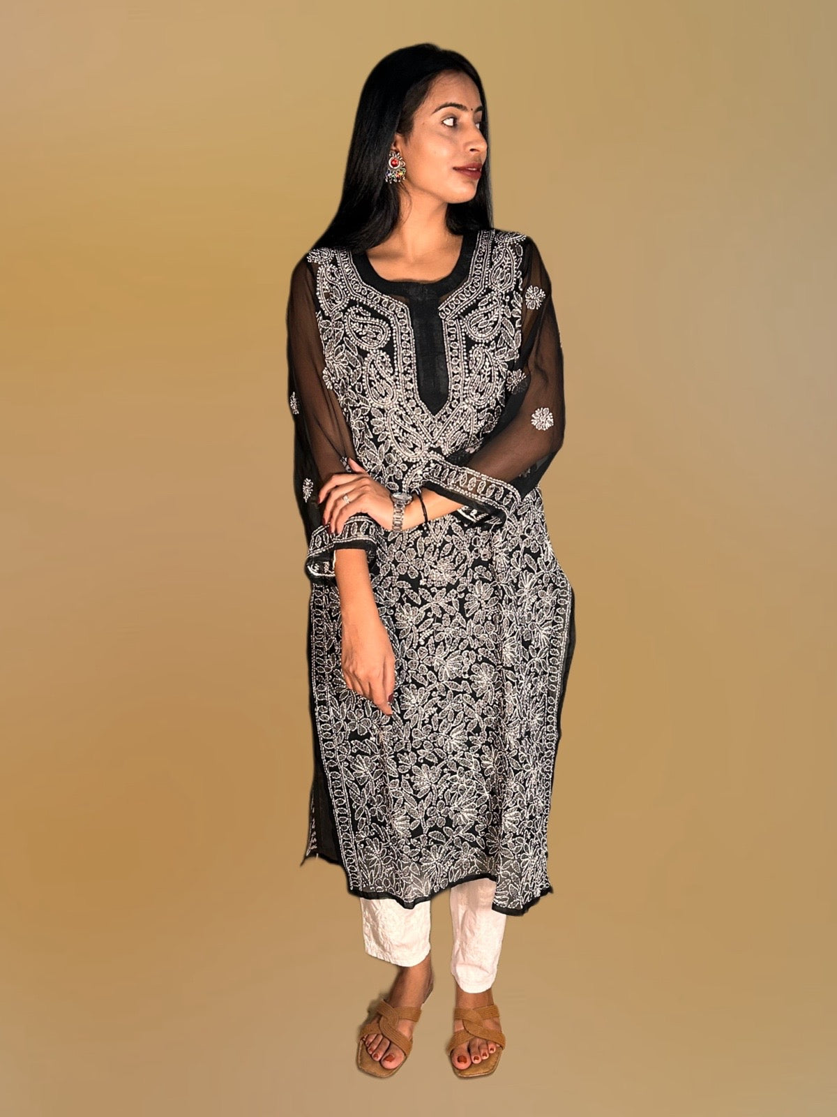 Lucknowi Chikankari Black Georgette Kurti-K000053