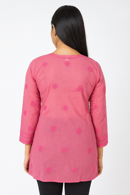 Lucknowi Chikankari Pink 'Shagufta' Cotton Short Kurti-T40021