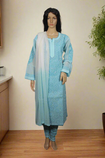 Lucknowi Chikankari Blue Cotton 3 Piece Kurta-Chudidar Pyjama-Dupatta Set-PJ00002