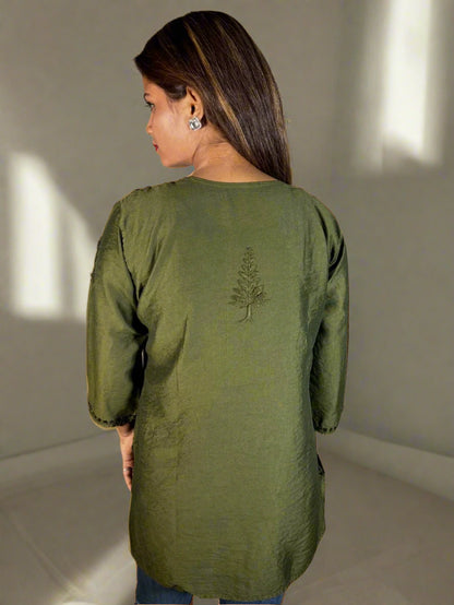 Lucknowi Chikankari Mahendi Green Chanderi Short Kurti-T000001