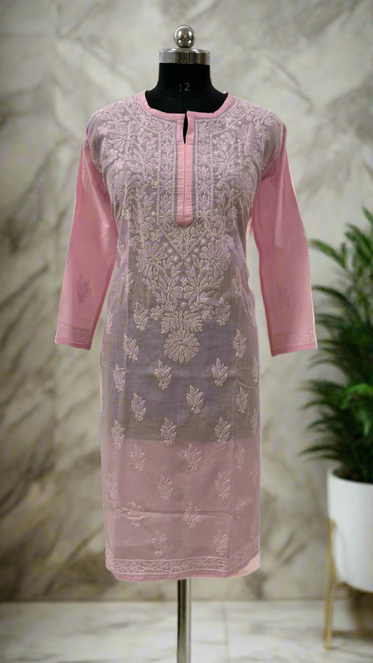 Lucknowi Chikankari Plus Size Pink Cotton Kurti-Pl100002