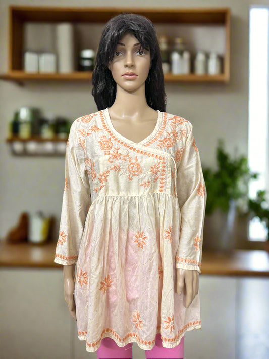 Lucknowi Chikankari Fawn Chanderi Angrakha Styled Short Kurti-T50020