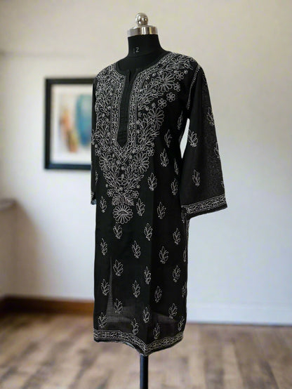 Lucknowi Chikankari Plus Size Black Cotton Kurti-Pl100006