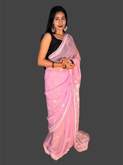 Lucknowi Chikankari Pink Georgette Saree (With Blouse)-S00011