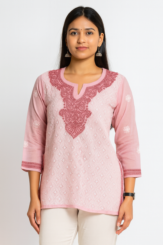 Lucknowi Chikankari Pink 'Shagufta' Cotton Short Kurti-T50026
