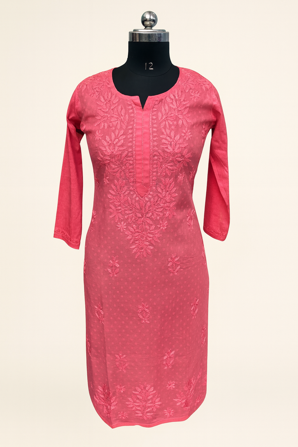 Lucknowi Chikankari Coral Pink 'Shagufta' Cotton Kurti-K50083