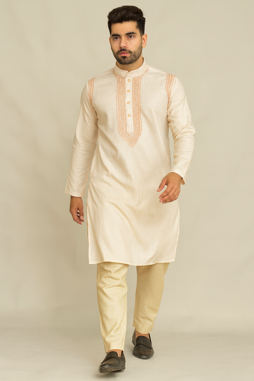 Lucknowi Chikankari Peach 'Aarooi' Cotton Gents Kurta-GK00013