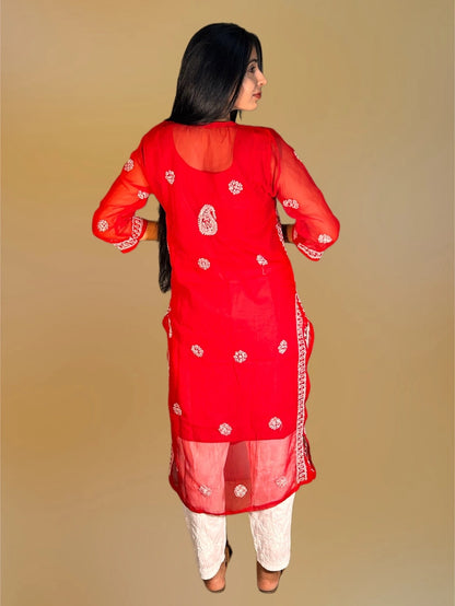 Lucknowi Chikankari Red Georgette Kurti-K000048