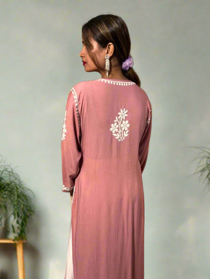 Lucknowi Chikankari Pinkish Mauve Modal Kurti-K000121