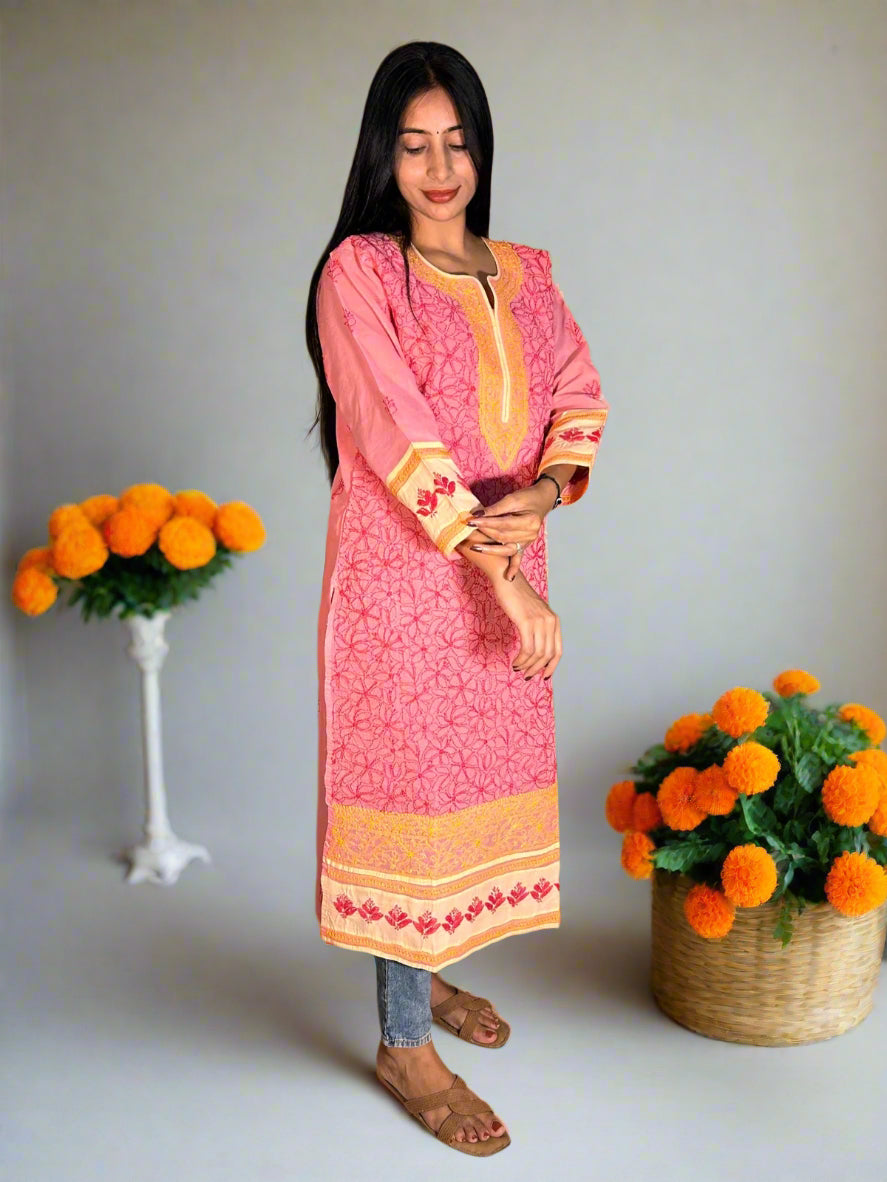 Lucknowi Chikankari Pink Cotton Kurti-K000001