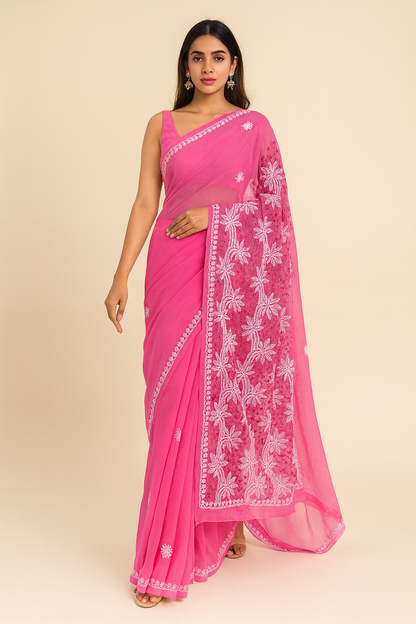 Lucknowi Chikankari Magenta 'Shagufta' Georgette Saree (With Blouse)-S00039