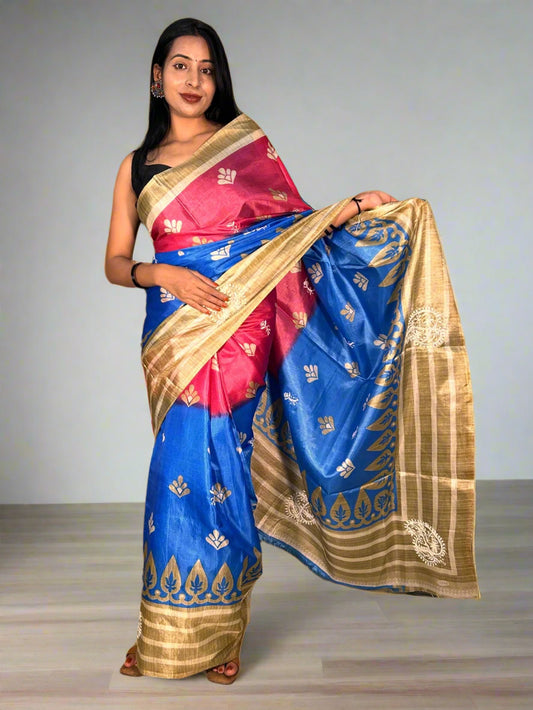 Lucknowi Chikankari Blue Printed Faux Silk Saree-PF100002