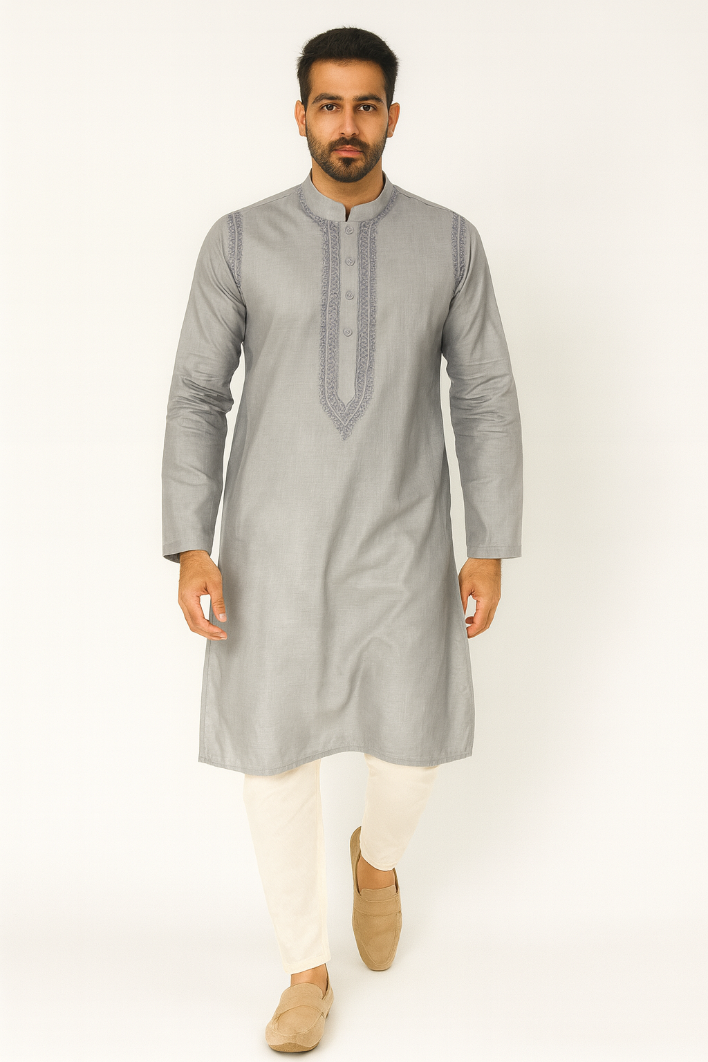 Lucknowi Chikankari Grey 'Dhoondhla' Cotton Gents Kurta-GK00007