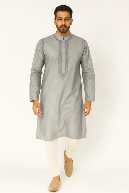 Lucknowi Chikankari Grey 'Dhoondhla' Cotton Gents Kurta-GK00007