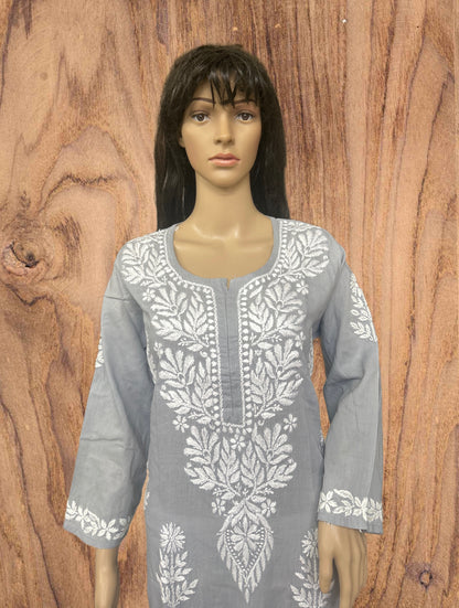 Lucknowi Chikankari Grey Cotton Kurti-K000104