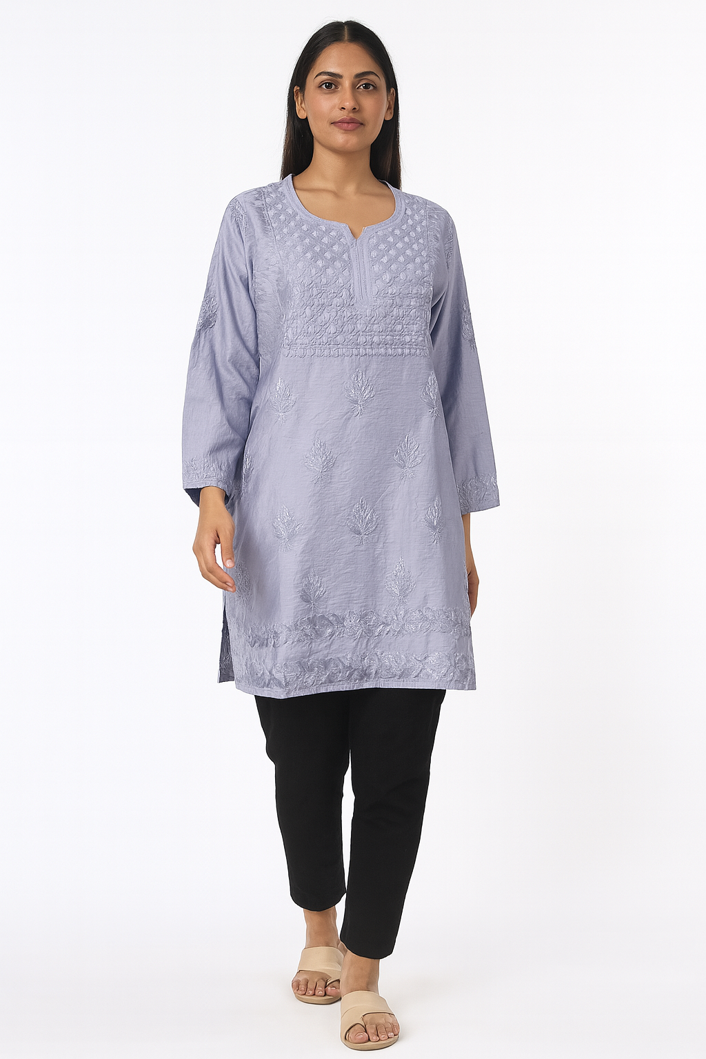 Lucknowi Chikankari Grey 'Dhoondhla' Chanderi Short Kurti-T30017