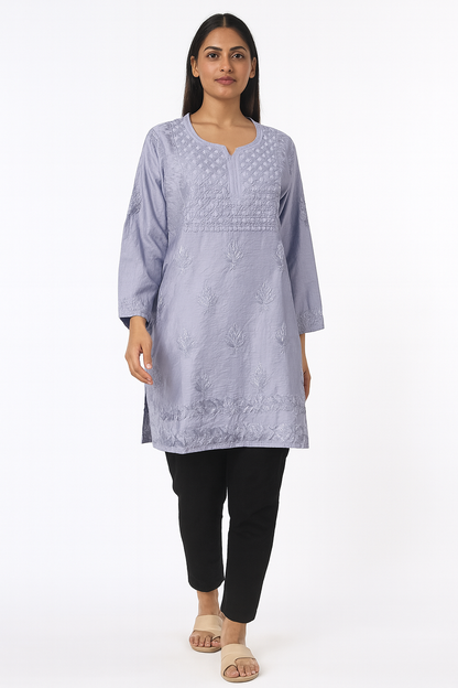 Lucknowi Chikankari Grey 'Dhoondhla' Chanderi Short Kurti-T30017