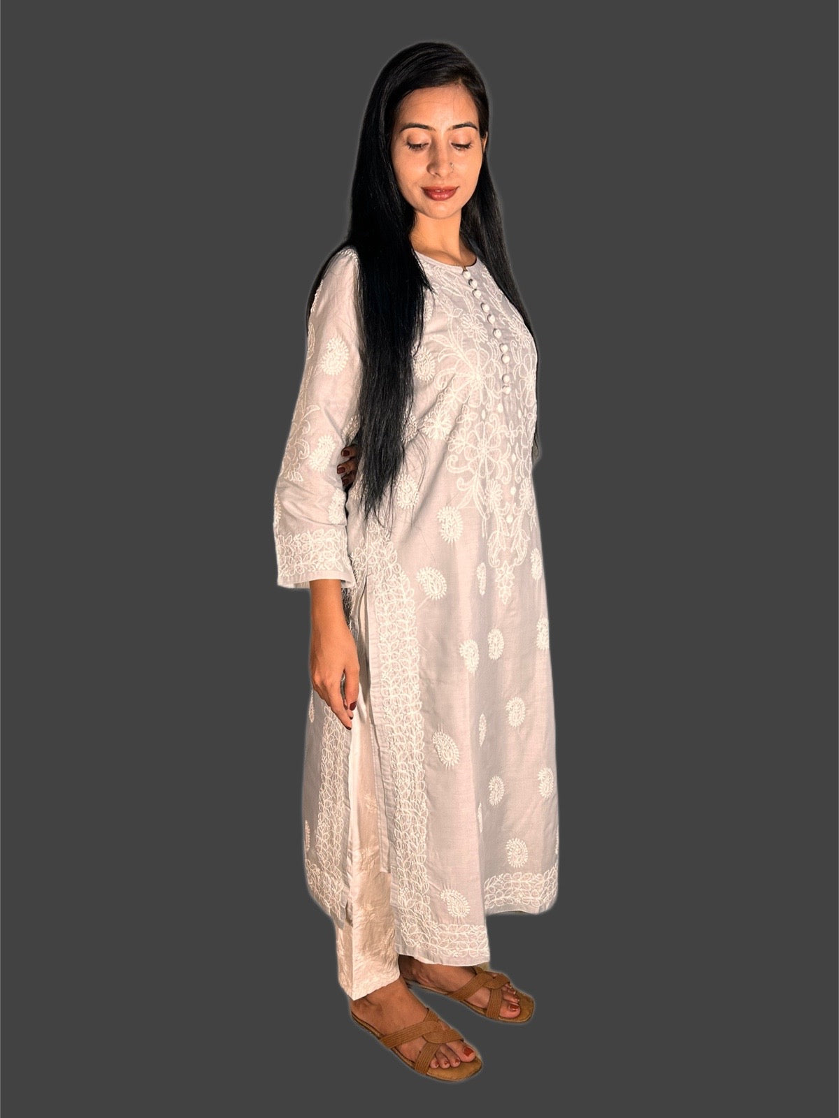 Lucknowi Chikankari Grey Cotton Kurti-K000046