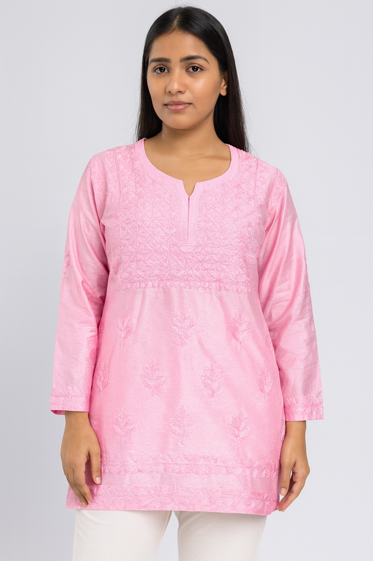 Lucknowi Chikankari Pink 'Shagufta' Chanderi Short Kurti-T20004