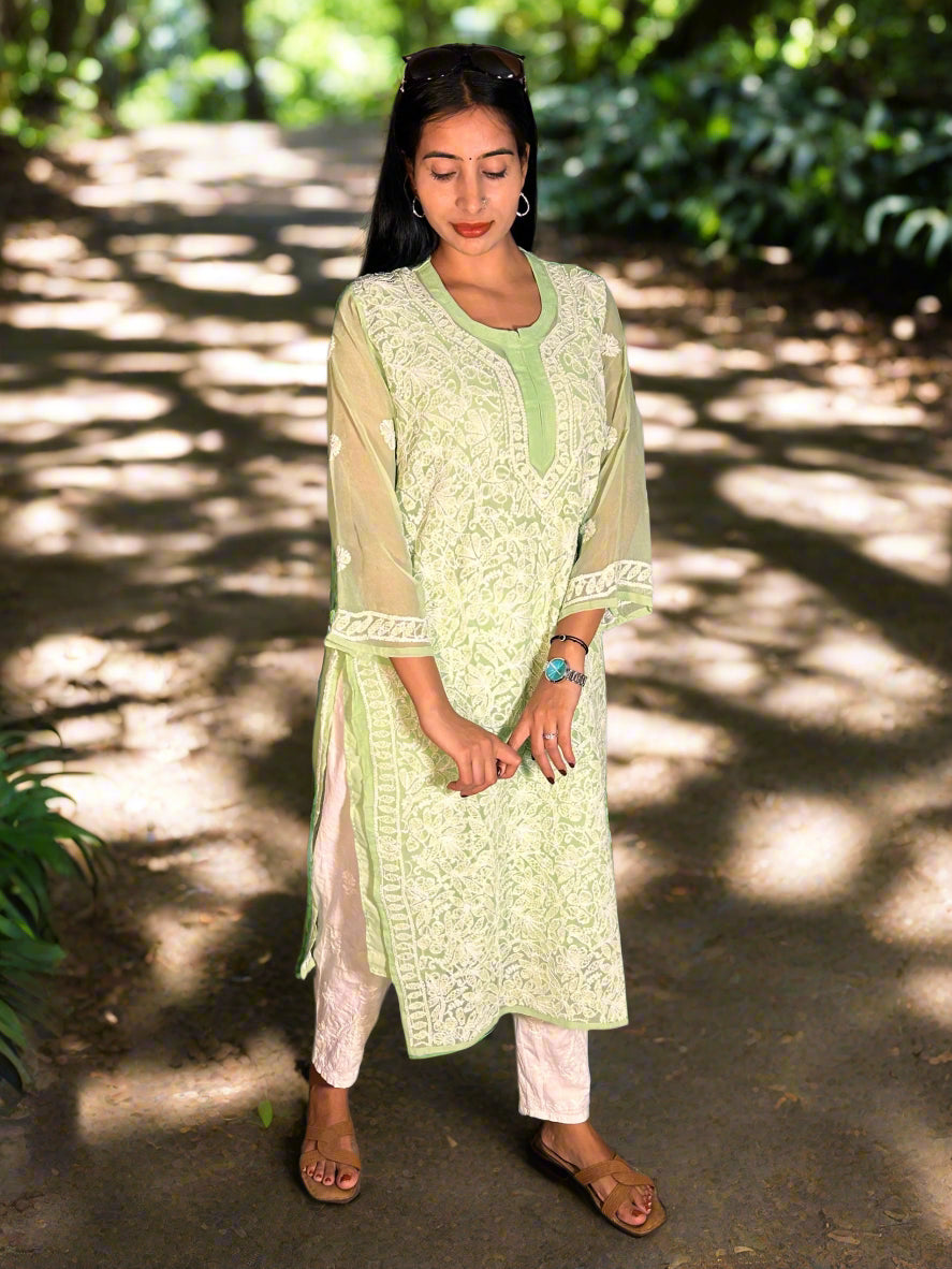 Lucknowi Chikankari Light Green Georgette Kurti-K000068