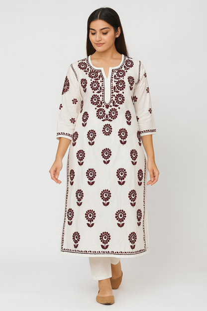 Lucknowi Chikankari White 'Ujaala' Chanderi Kurti-K000193