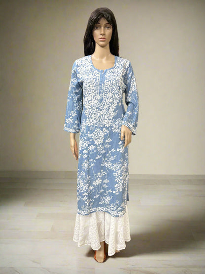 Lucknowi Chikankari Grey Printed Cotton Kurti-K000181