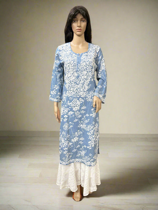 Lucknowi Chikankari Grey Printed Cotton Kurti-K000181