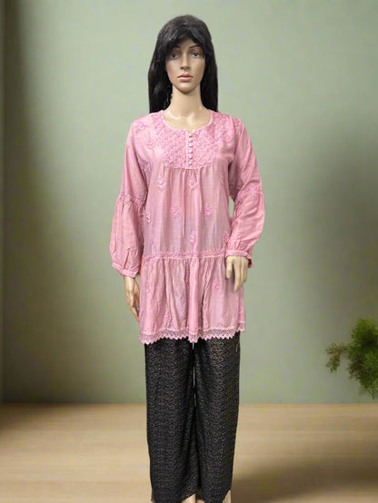 Lucknowi Chikankari Mauve Muslin Short Kurti-T50022