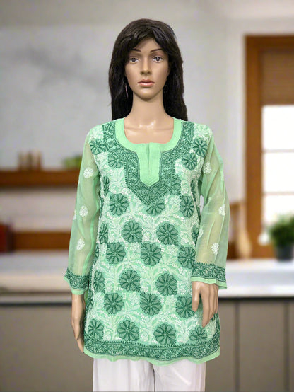 Lucknowi Chikankari Green Georgette Short Kurti-T30007