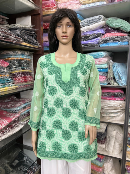 Lucknowi Chikankari Green 'Bahar' Georgette Short Kurti-T30007