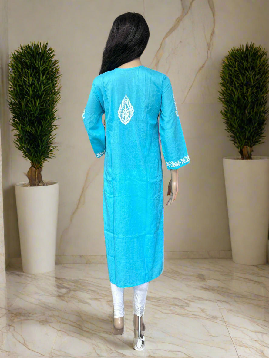 Lucknowi Chikankari Blue Cotton Kurti-K000113