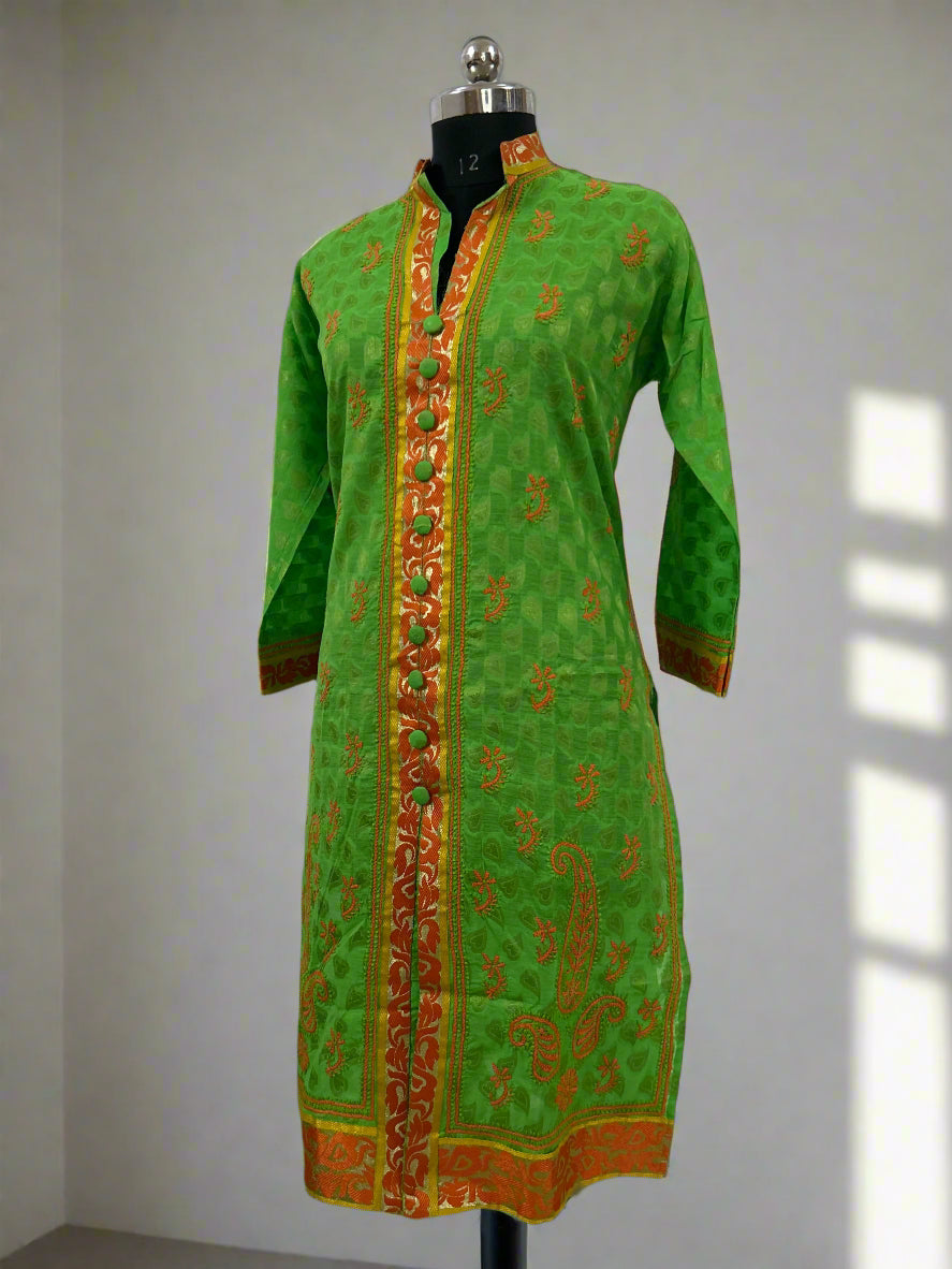 Lucknowi Chikankari Green Chanderi Kurti-PE00010